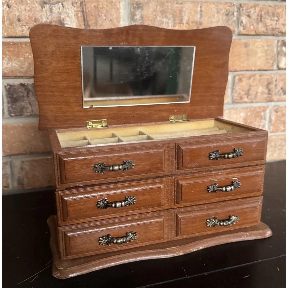 Vintage Wooden Lined Jewelry Box / Chest Drawers Cottagecore Mid Century Style